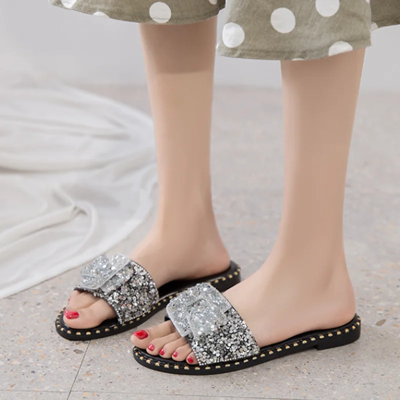 Lady Bow High Quality Bling Shoes Casual Summer Open Toe Women Slides Sequined Cloth Flat Slippers Black Grey Plus Sizes 43 -35