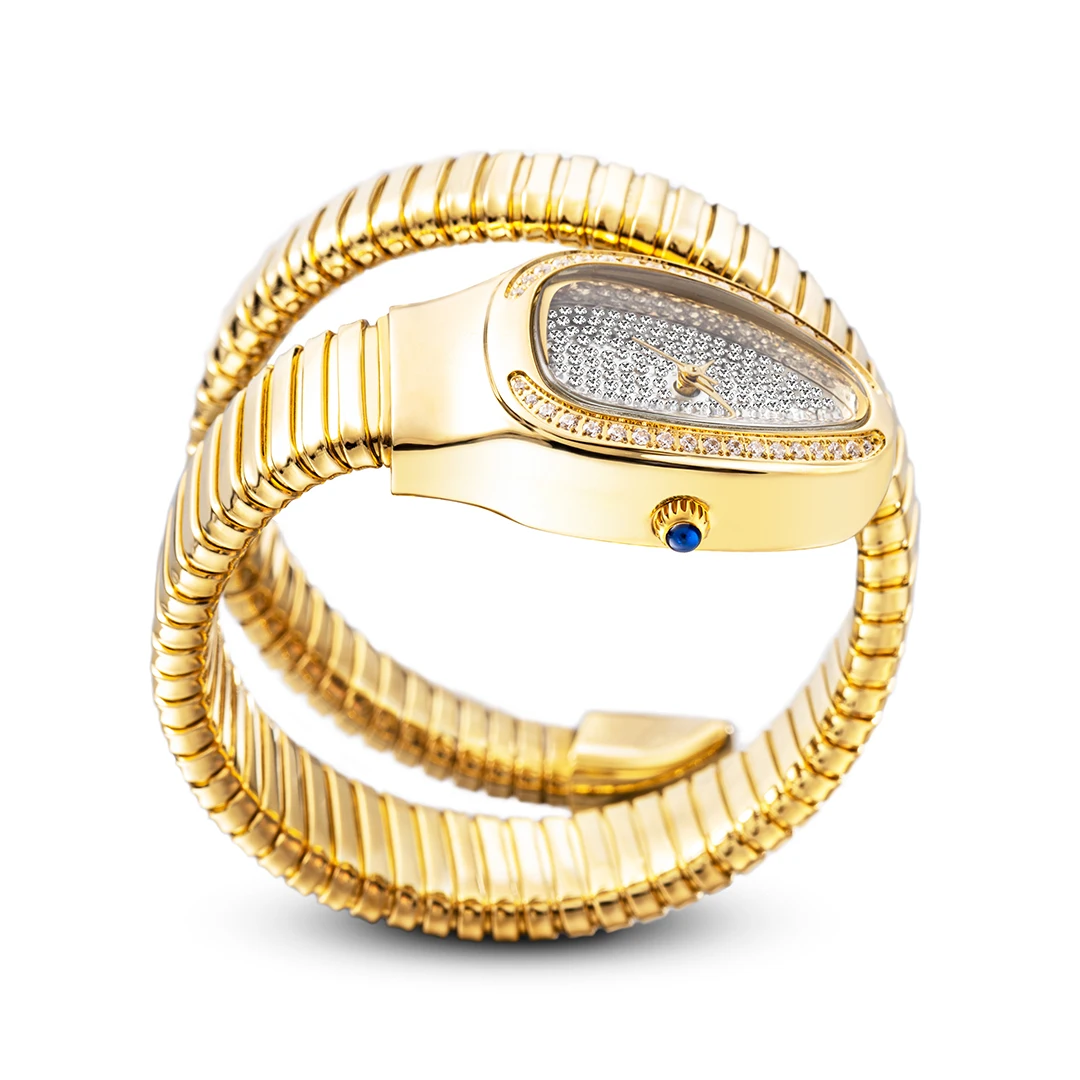 Elegent Snake Head 18K Gold Plated Womens Watches Lady Full Iced Out Diamond Dial Bezel Fexible Bracelet Quartz Watch for Women