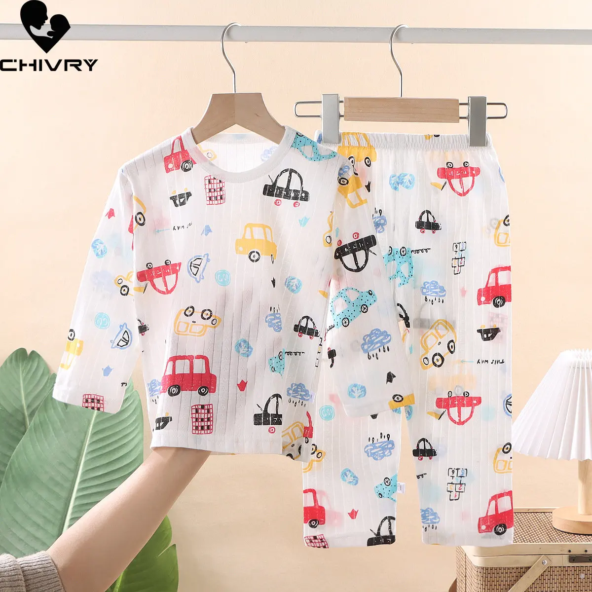 

Kids Summer Thin Pajamas Sets New 2023 Boys Girls Cute Cartoon Print Long Sleeve O-neck T-shirt Tops with Pants Baby Homewear