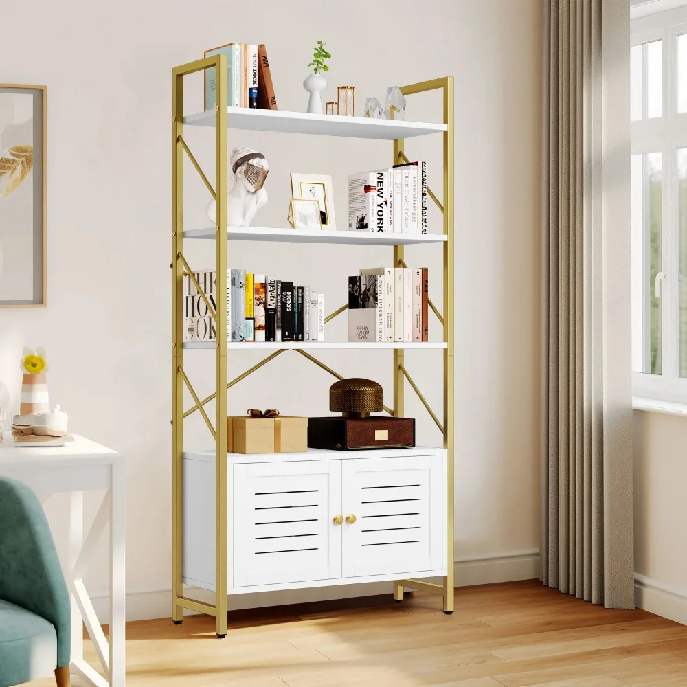 

5 Tiers Bookshelf and Bookcase, Freestanding Book Shelves Display Rack with Storage Cabinet for Bedroom Room Office,White&Gold