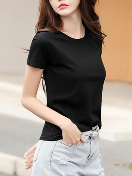 2025 الصيف قصيرة الأكمام س الرقبة القطن الوردي تي شيرت المرأة بلون أنيق بلايز سيدة سليم لينة بلوزات على الموضة غير رسمية 6