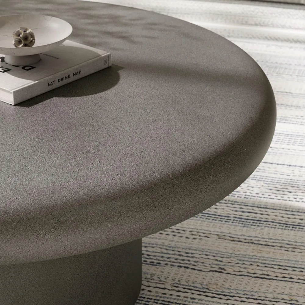 Grey round concrete coffee table - Cement Low floor coffee table - Weather resistant stone patio coffee table 6