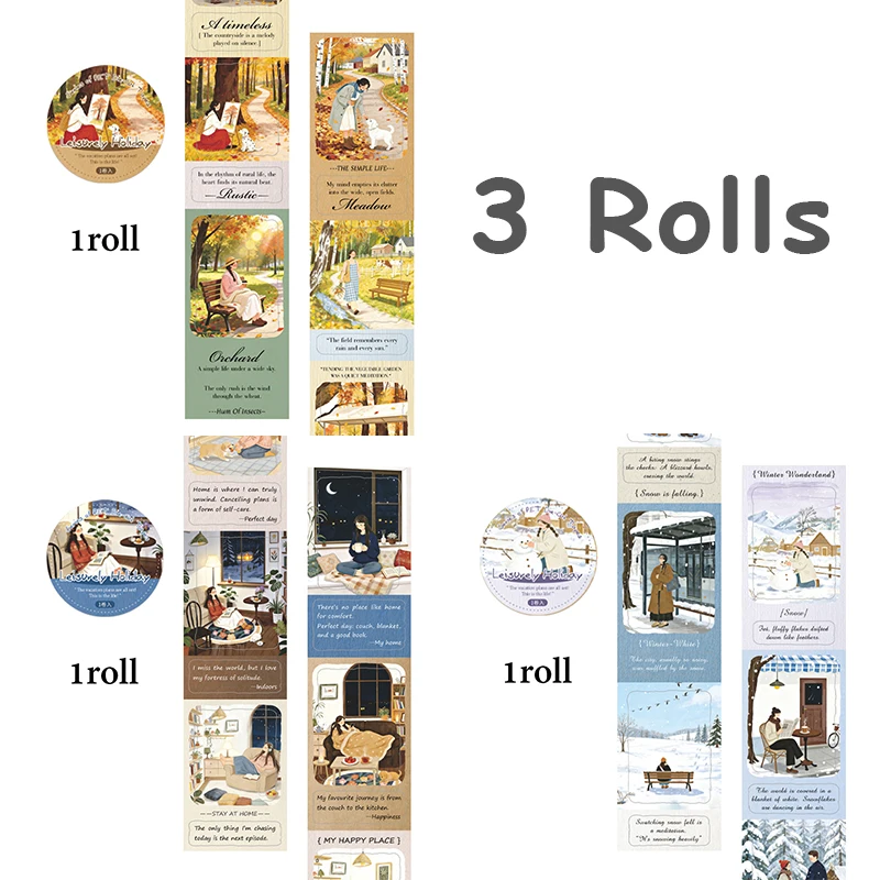 3롤 사계절 풍경 및 그림 와시 테이프, 아트 저널 배경 소품, 다용도 고가치 문구류