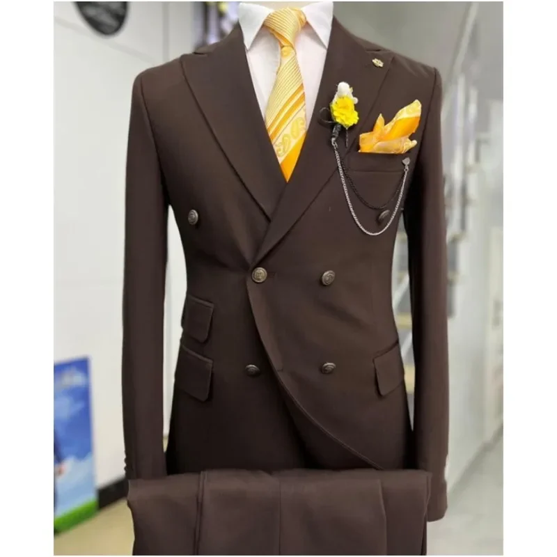 Double Breasted Formal Men Suits Slim Fit 2 Pieces Groom Tuxedos for Wedding Peaked Lapel Custom Male Blazer Prom Daily Wear