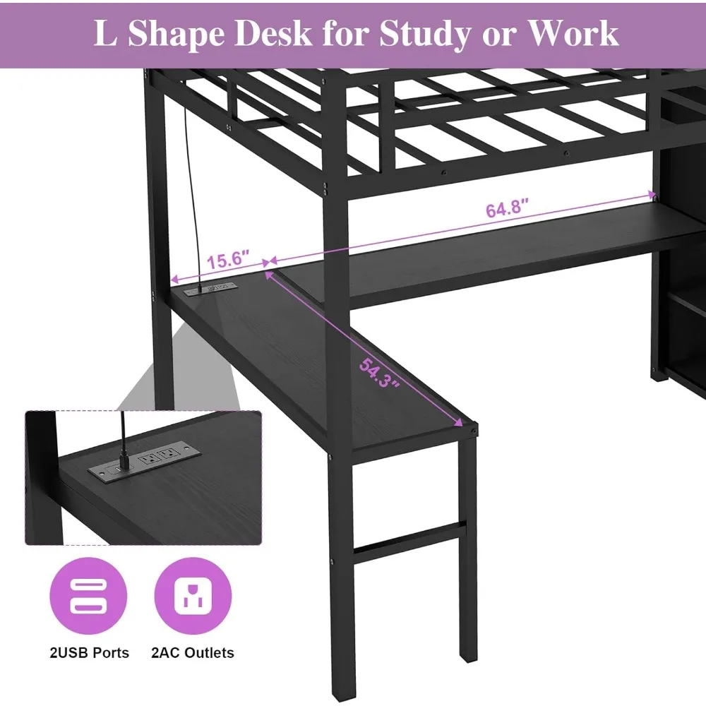 Metal Full XL Loft Bed with Desk and Wardrobe, Storage Stairs, LED Lights, USB Port, Heavy Duty Space Saving Children's Wardrobe 4