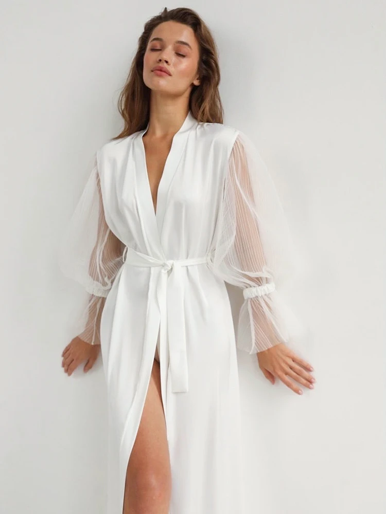 

Linad Mesh Patchwork Robes For Women Casual Long Sleeve V Neck Sleepwear Sashes Loose Bathrobe Female Nightwear Summer Pajamas
