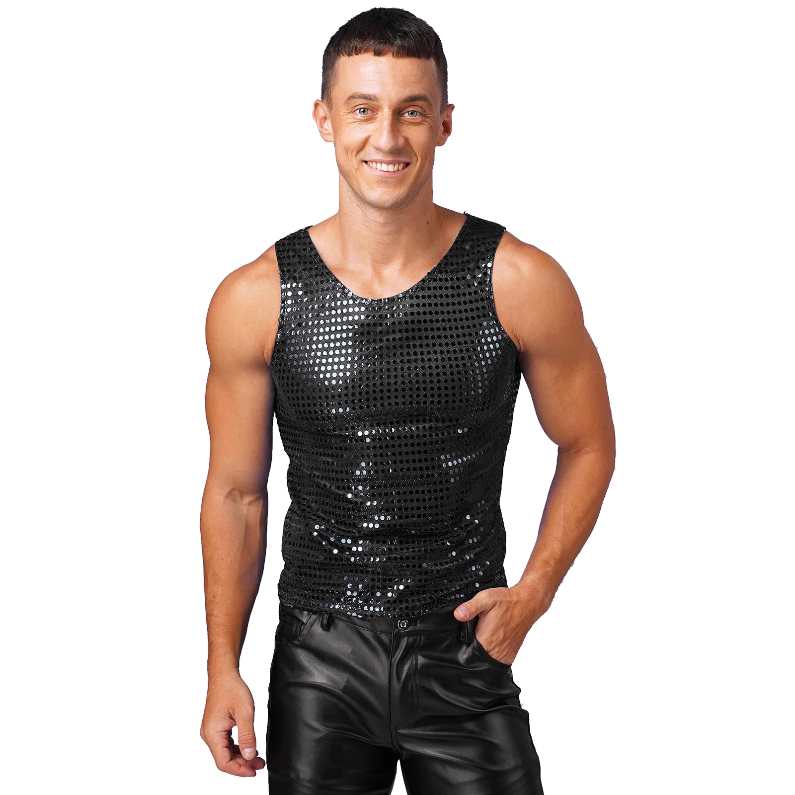 Hot New Mens T-shirts Shiny Sequin Sleeveless Loose Tank Tops Christmas Performance Clothing Fashion Nightclub Party Waistcoat