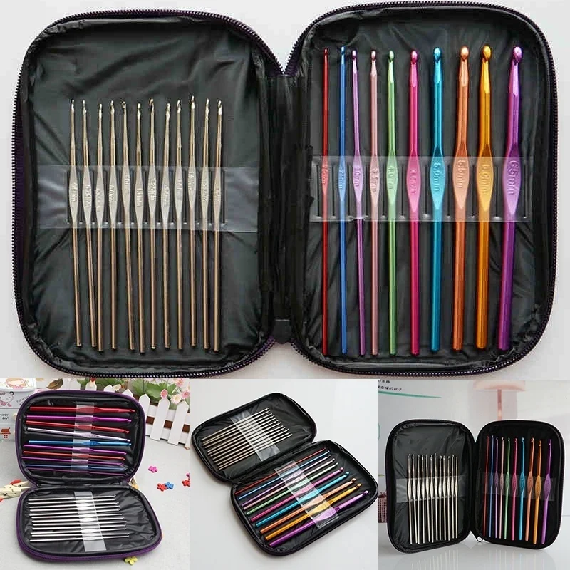 22pcs/Set DIY Craft Yarn Sewing Needle with Case Ergonomic Aluminum Crochet Hooks Multicolor Mixed 2-8mm Knitting Needles