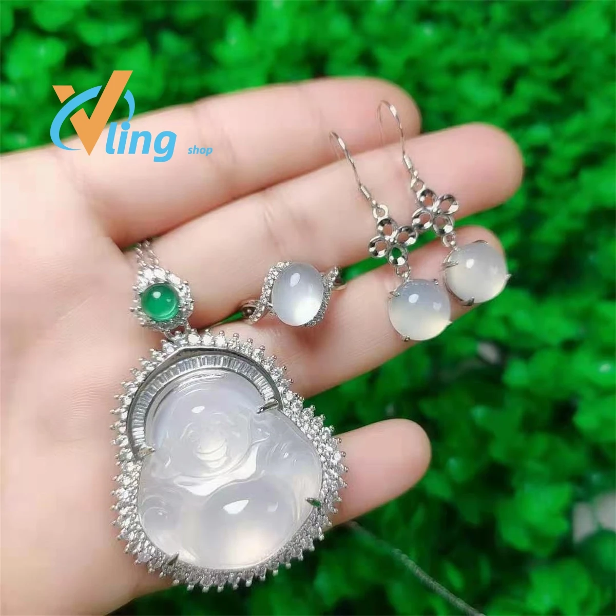 Fashion S925 Silver Inlaid High Ice White Jade Pith Buddha Pendant Ring Earrings Three Piece Set Gift Charm Retro Jewelry
