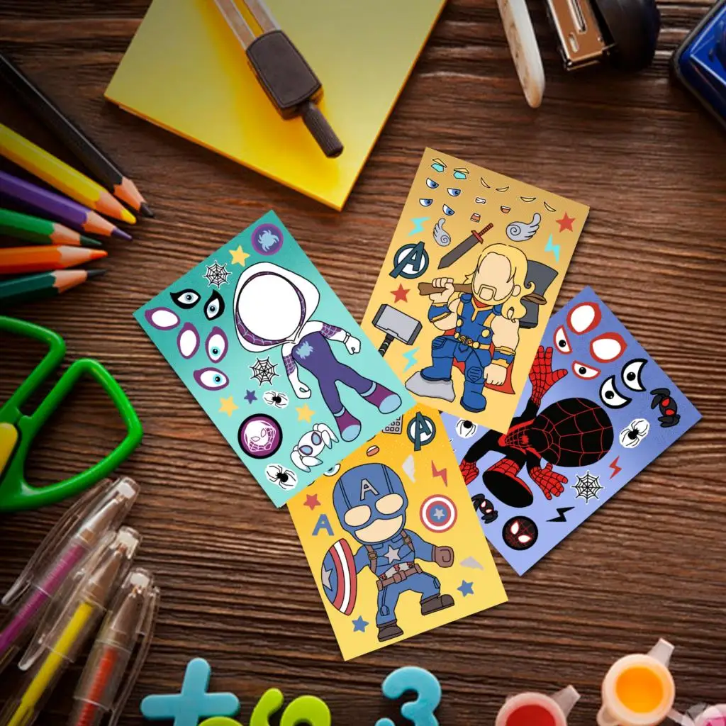 Children DIY Puzzle Stickers Spiderman/Iron Man Face Funny Anime Assemble 32Sheets Kids Toys Boys Girls Gifts