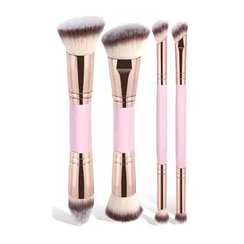 Set di 4 Pennelli da Trucco Base con Scatola, Pennelli Doppia Punta per Fondotinta, Cipria, Blush e Dettagli Occhi, Ideali per Principianti e Viaggi