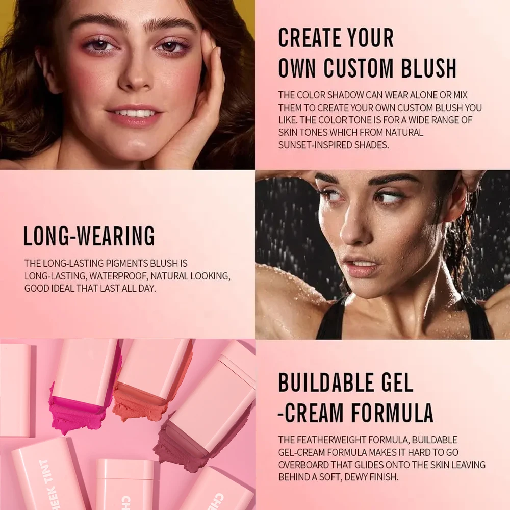Vegan Cruelty-Free Big Volume Cream Blusher Highlighter Long Lasting High Pigment Face Blush Lip And Cheek Tint Balm Blush Stick 4