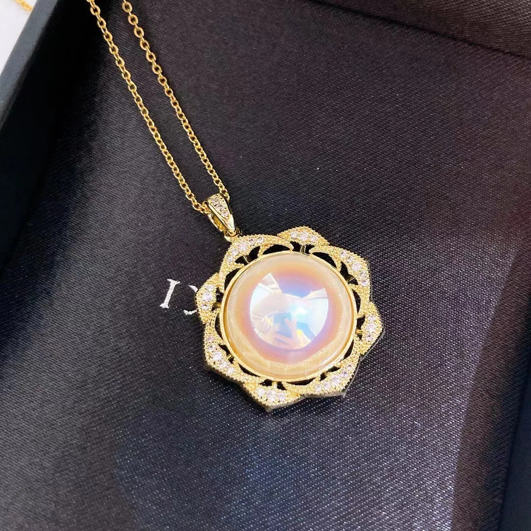 925 silver Flower shape pearl  imitation Marbel pendant retro elegant luxury  gilded jewelry