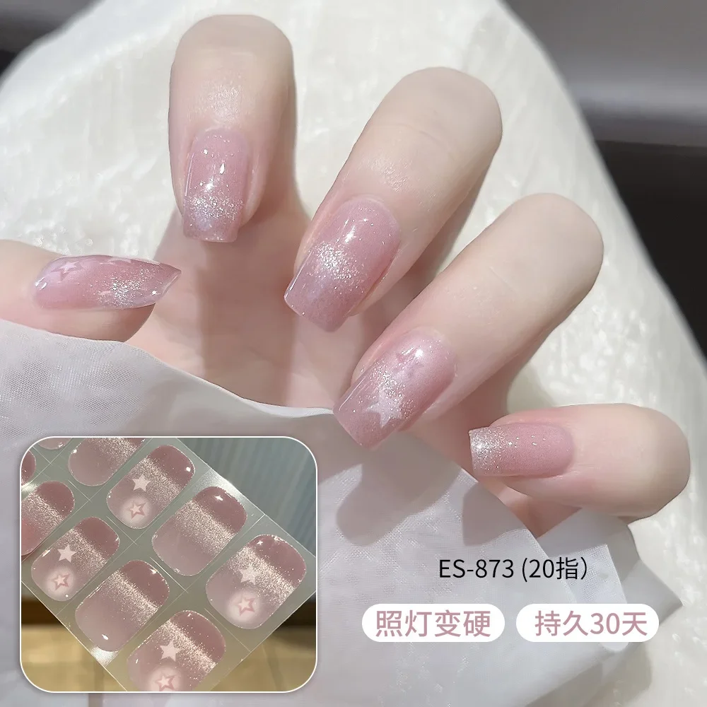 20Tips Semi Curing Gel Nail Patch Slider Long-acting Gradual Change Cat Eye Aurora Full Set of Gel Nail stickers UV Lamp Needed