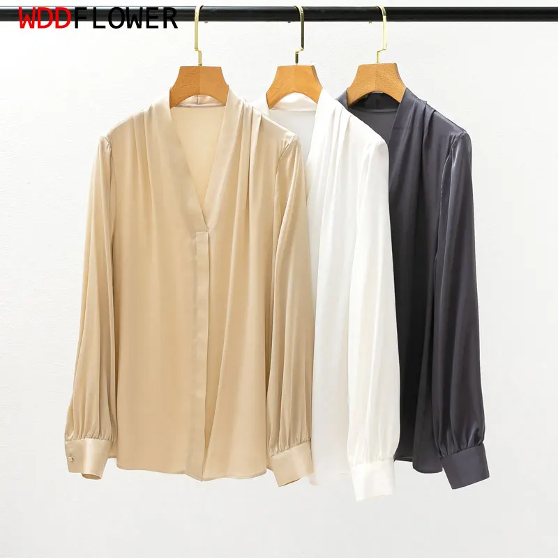 Women Silk Shirt 93% Mulberry Silk 7% Spandex Satin Silk Solid Color V ...