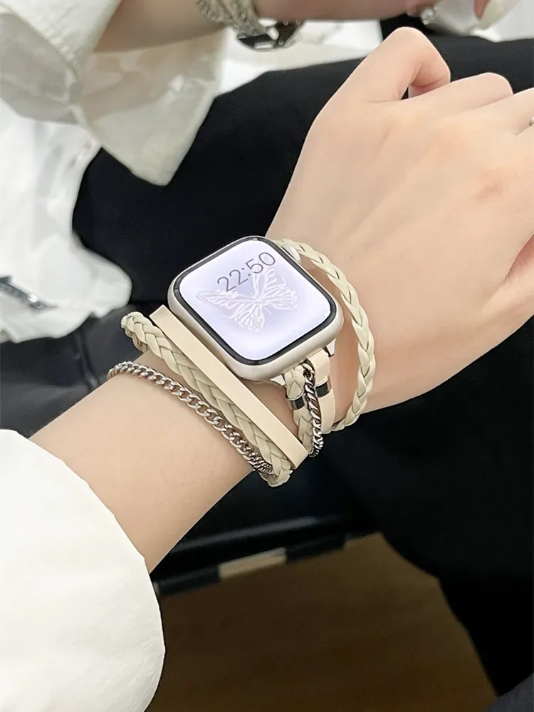 

Браслет плетеный кожаный в металлическом ретро-стиле для Apple Watch Band, женский ремешок для iwatch 9 SE 8 7 6 se 5 4 3, 41 мм 49 40 мм 44 мм 42 мм