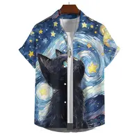 Summer Men's Printed Short Sleeve Shirt Oil Painting Starry Sky Cartoon Cat Print Street Daily Casual Oversized Tops SIZE S-5XL 1