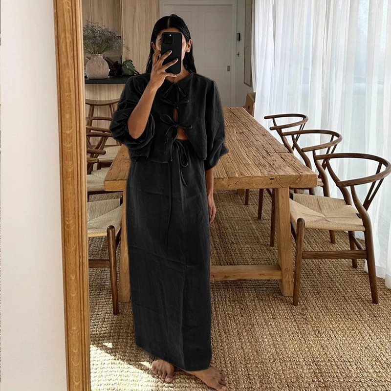Casual Loose Khaki Cotton Linen 2 Piece Sets Women Vintage Puff Long Sleeve Lace-Up Shirt With High Waist Long Skirts Outfits