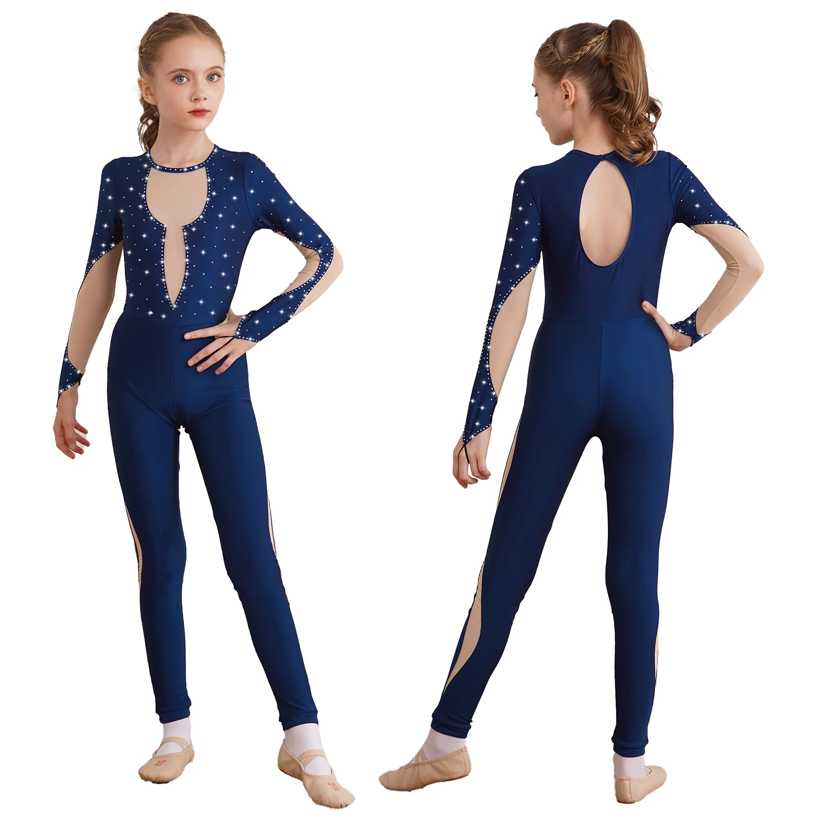 Mono de gimnasia brillante para niños y niñas, Ropa de baile para gimnasia, mono de patinaje artístico artístico de malla con abertura en la espalda de manga larga