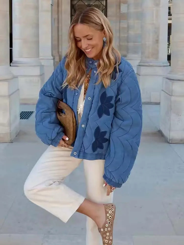 2025 Women Casual Chic Quilting Jacket Embroidery Short Parka Coat Fall Fashion High Street Elegant Female Jackets