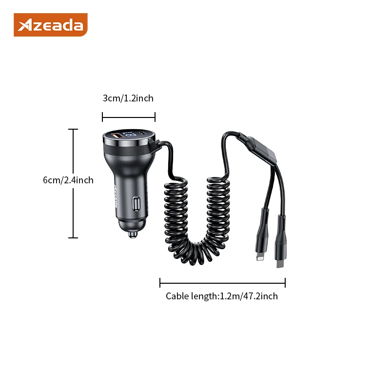 Gadgetoo Azeada 160W Usb Type C Fast Car Charger With Elastic Cable Portable For Iphone 15 14 Pro Max Tablets Gps Xiaomi 13 Oneplus Oppo