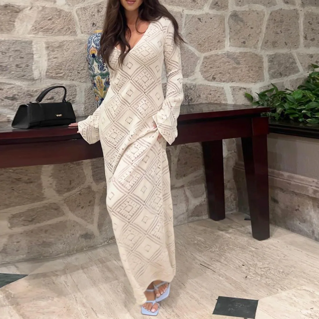 See-Through Loose Dress Flared Sleeve For Women Backless Hollow Out Holiday Beach Outfits V-Neck Pullover Maxi Dress 2025 16 See-Through Loose Dress Flared Sleeve For Women Backless Hollow Out Holiday Beach Outfits V-Neck Pullover Maxi Dress 2025