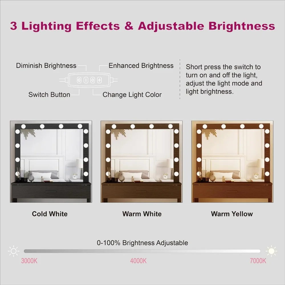 illuminated makeup vanity desk with mirror and storage drawer