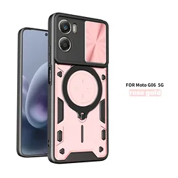 Heavy Duty Rugged Armor Phone Case with Magnetic Bracket and Slide Camera Protection Cover for Motorola Moto G06 (JS pink)