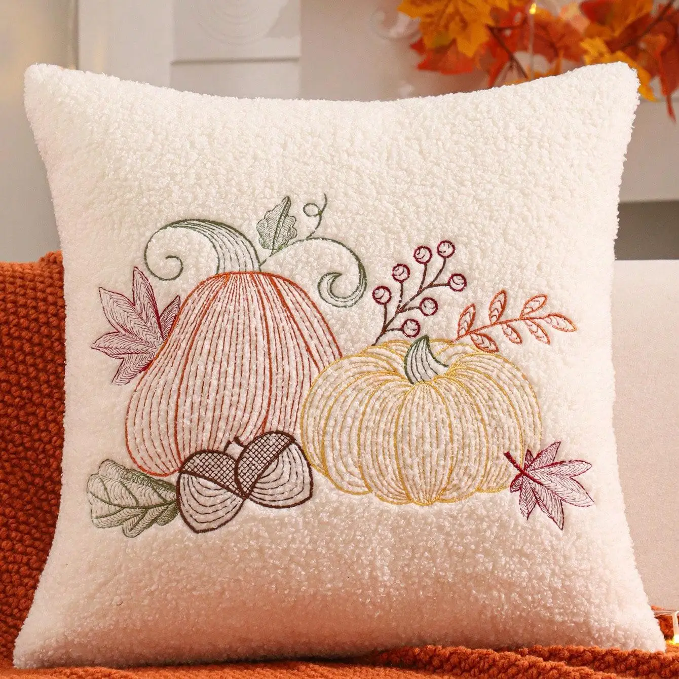 Thanksgiving Weiße Pailletten-Stickerei Kürbis-Kissenbezüge Halloween-Party Plüsch Dekorative Kissenhüllen für Sofa und Bett – Detail 6