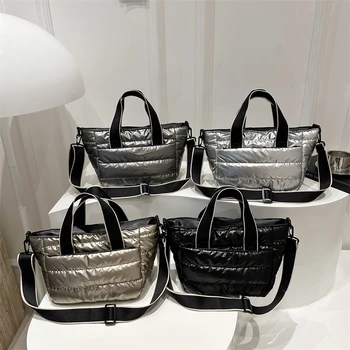 2025 Winter Luxury Quilted Tote Bag Women Fashion Down Puffer Shoulder Bag Large Capacity Crossbody Messenger Purse Nylon Gift 1