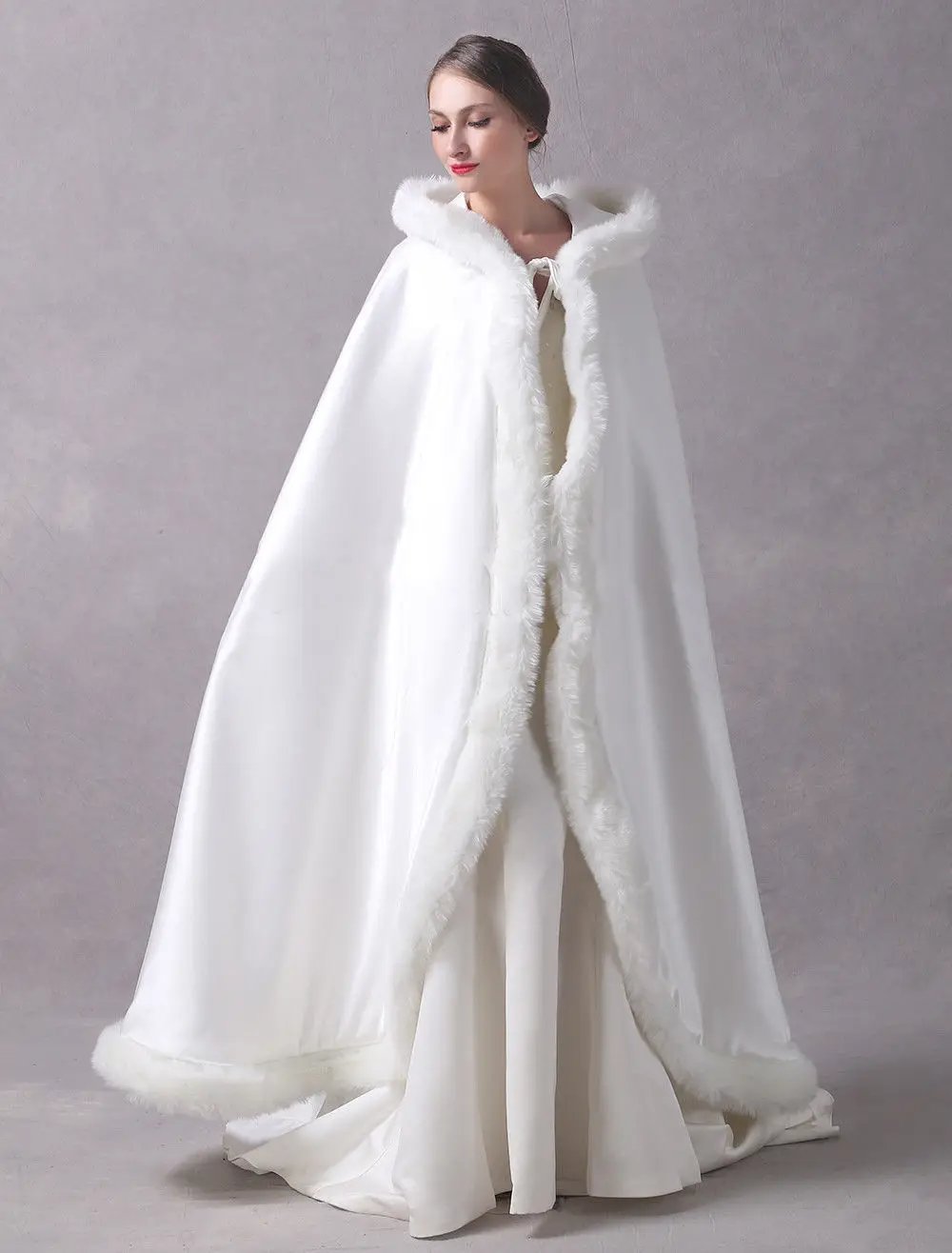 Long Wedding Party Cloak Women Coat Faux Fur Bride Winter Reversible Cape Hooded