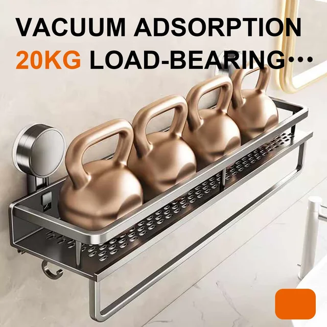 พื้นที่อลูมิเนียมดูดถ้วยห้องน้ํา Rack No-Punch Wall Mount ชั้นวางของฝักบัวขนาดใหญ่ความจุ Strong รับน้ําหนัก 2
