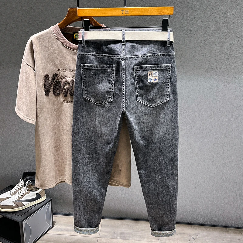2025 Autumn Men's Stretch Jeans Fashion Tapered Slim Small Feet Ankle Harem Pants Casual Denim Trousers Streetwear Free Belt 2