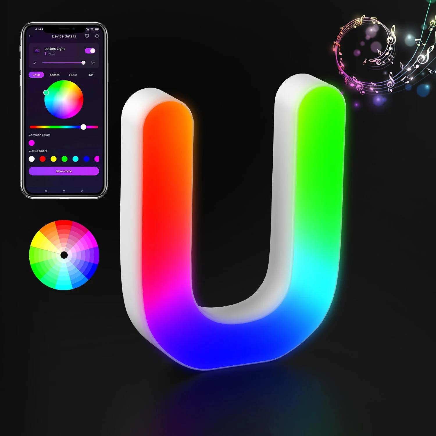 Illuminated Glitter Alphabet LED Light with Color-Changing and Music Sync Features