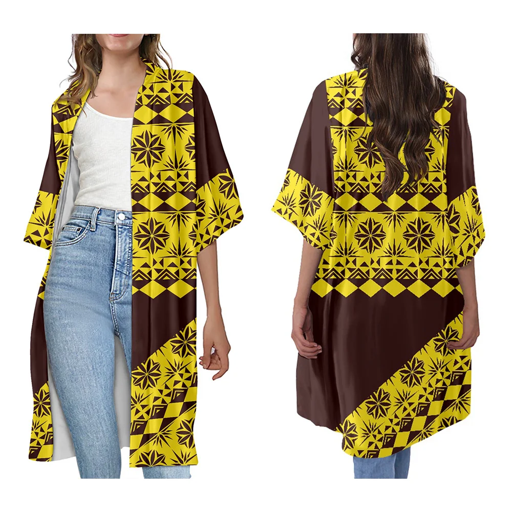 Summer 2023 Womens Fashion Cardigan Polynesian Tribal Samoa Tongan Tapa Masi Design Personality Casual Women Kimono Trench Coat