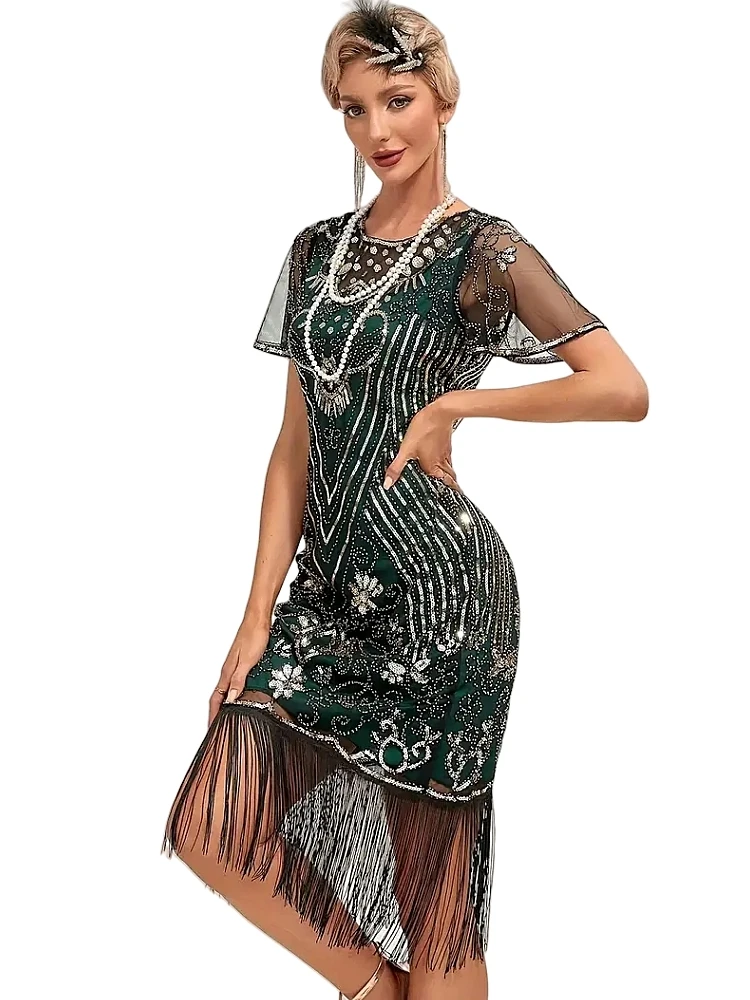 green emerald velvet dress Unique Vintage 1920s Style Silver Hand Beaded Fringe Bosley Flapper Dr