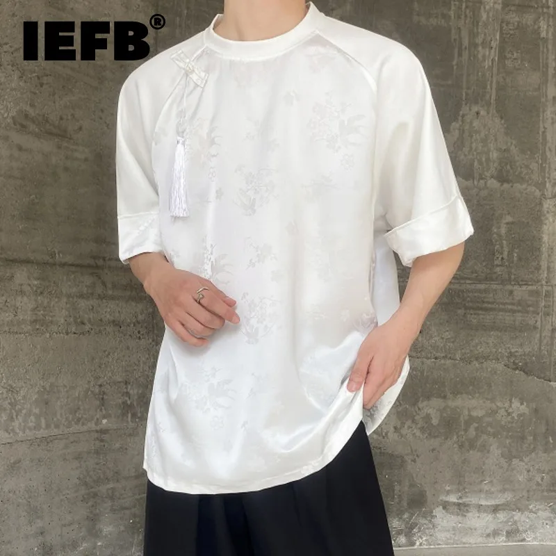 

Футболка IEFB мужская с коротким рукавом, атласный жаккардовый топ в китайском стиле, Однотонная рубашка с круглым вырезом, 9C5816, лето 2024