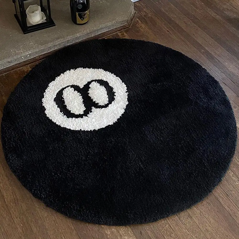 Simulation Billiards 8 Ball Rug Round Tufting Soft Chair Pad Anti-slip Bath Floor Mat Kids Bedroom Black Carpet 2023