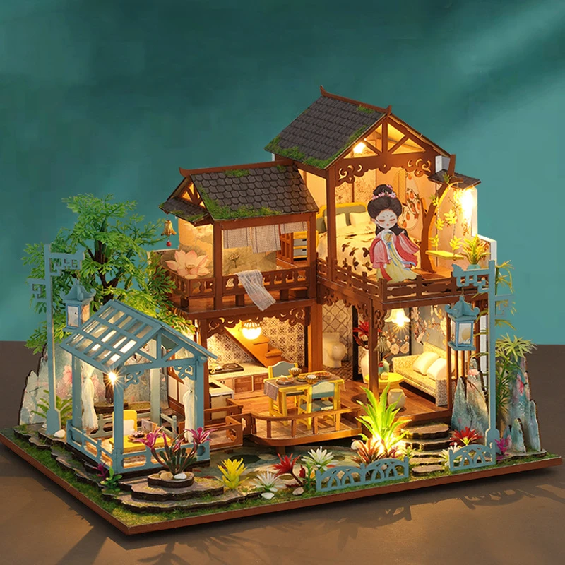 DIY Wooden Doll Houses Chinese Ancient Garden Room Casa Miniature Building Kits with Furniture Led Dollhouse for Adults Gifts 2