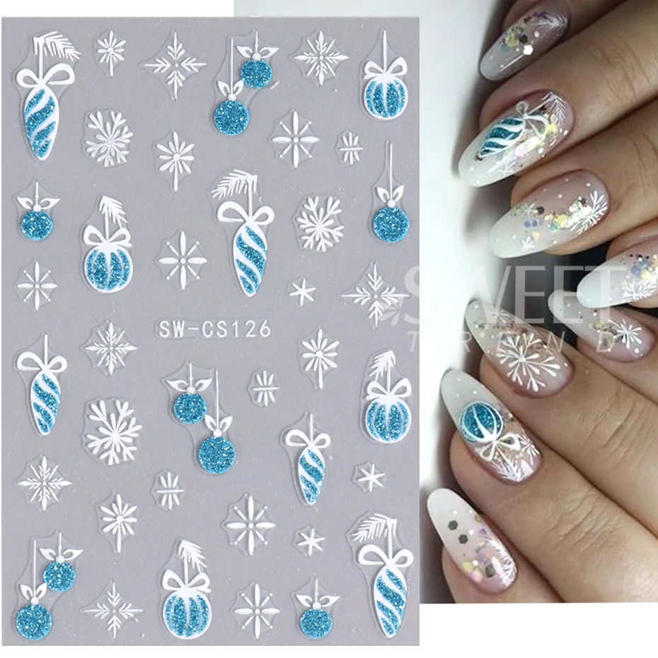 3D Blue Gold Glitter Christmas Nail Art Sticker Snowflake Star Bow Bell Wine Glass Gift Winter Xmas New Year French Manicure Tip 6