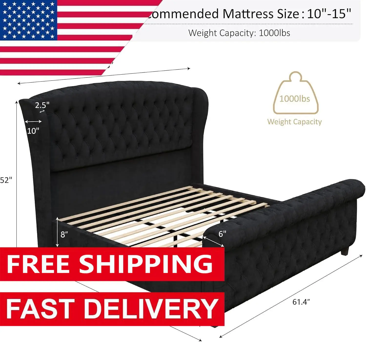 Queen Size Platform Bed Frame, Velvet Upholstered Sleigh Bed with Scroll Wingback Headboard Footboard/Button Tufted/No Box 2