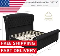 Queen Size Platform Bed Frame, Velvet Upholstered Sleigh Bed with Scroll Wingback Headboard Footboard/Button Tufted/No Box 2