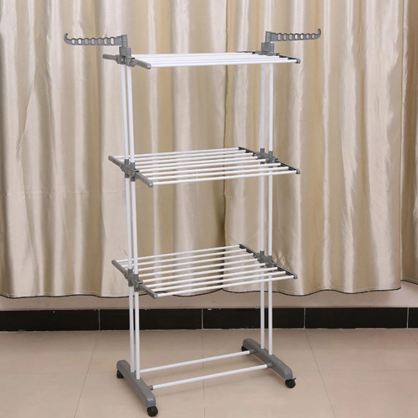 Modern 4 Tiers Metal Clothes Drying Rack Rectangular Folding Rolling Dryer Hanger Free Stand Laundry Organizer Gray For Home
