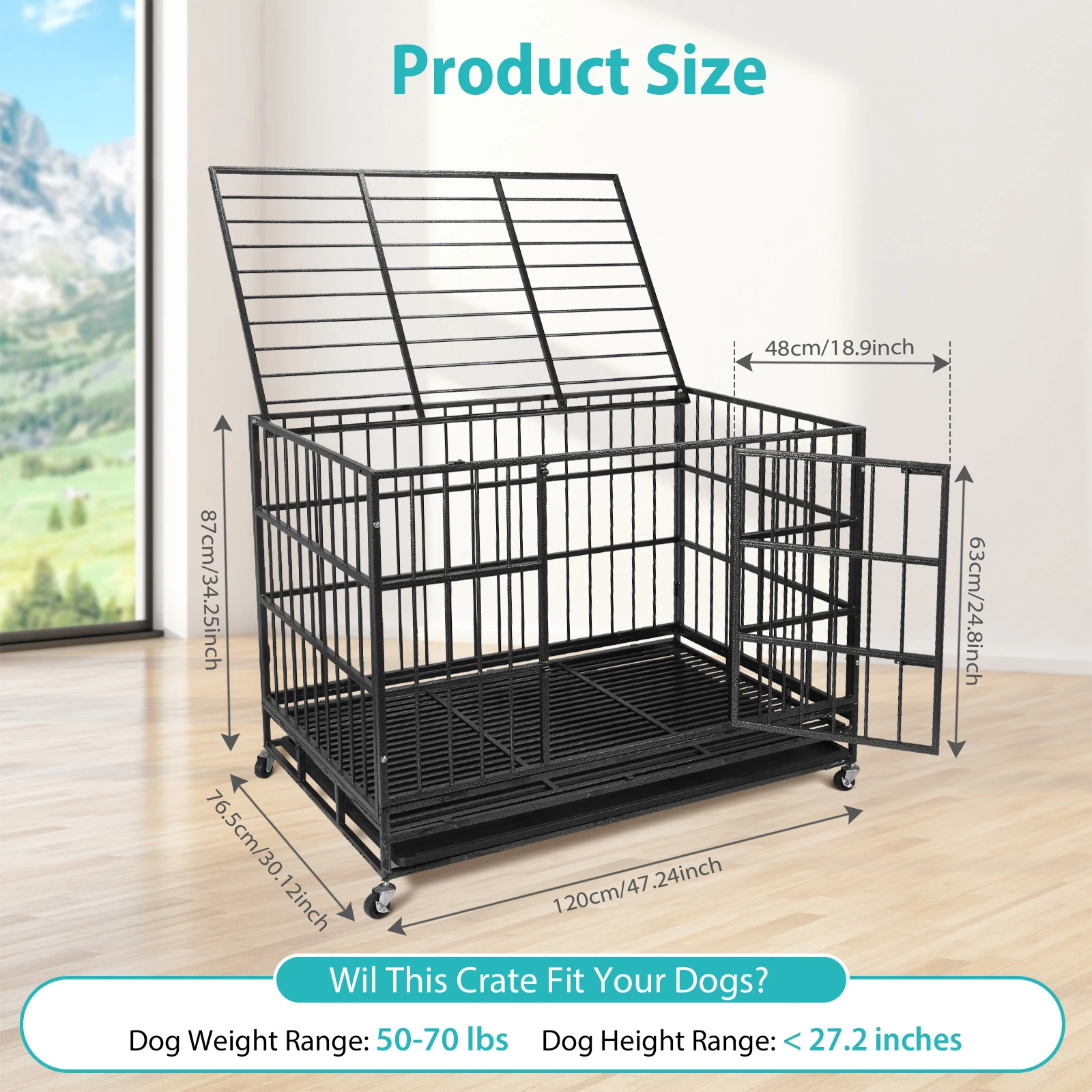 Dog Crate Cage Kennel Reinforced Baseplate Metal Kennel Playpen 48inch with 2 Removable Tray for High Anxiety Medium/Small Dogs
