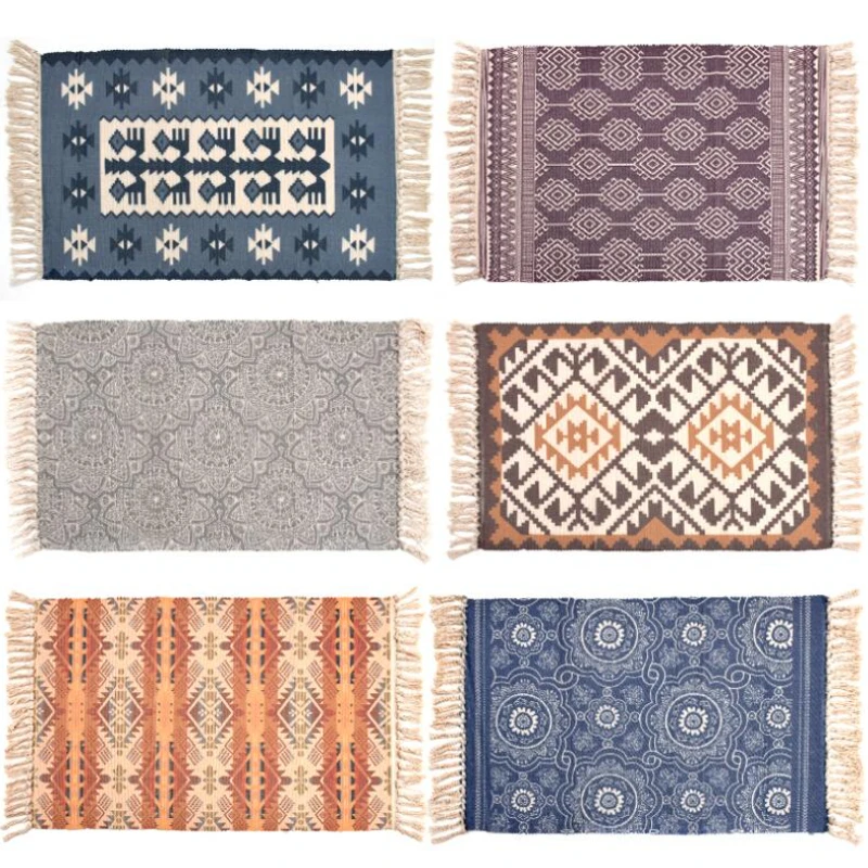 Persian Kilim Cotton Bedside Carpet Woven Mat Bathroom Living Room Carpets Geometric Hand Made Indian Rug Bohemian Printing Rug 6