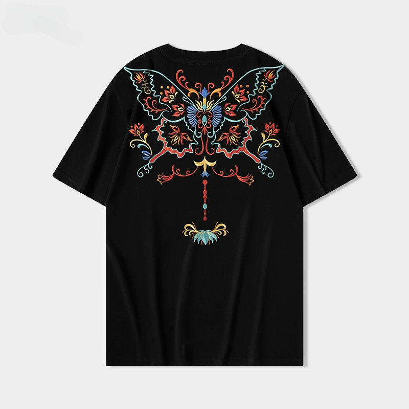 

Футболка в стиле Харадзюку для мужчин и женщин, хлопковая рубашка с вышивкой бабочки, с круглым вырезом, с коротким рукавом в китайском стиле, топ для пар, хипстер в стиле унисекс, на лето