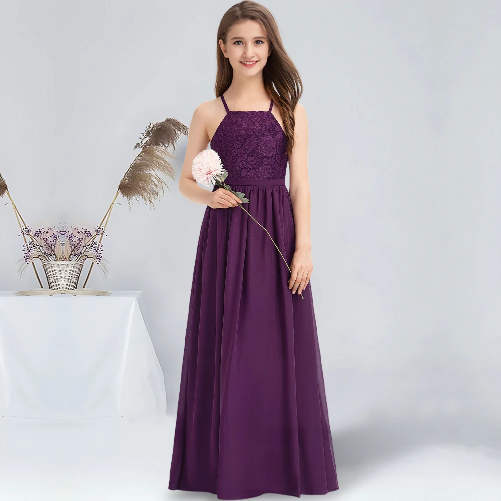 

A-line Square Floor-Length Chiffon Lace Junior Bridesmaid Dress With Bow Grape Flower Girl Dress for Wedding Communion Dress