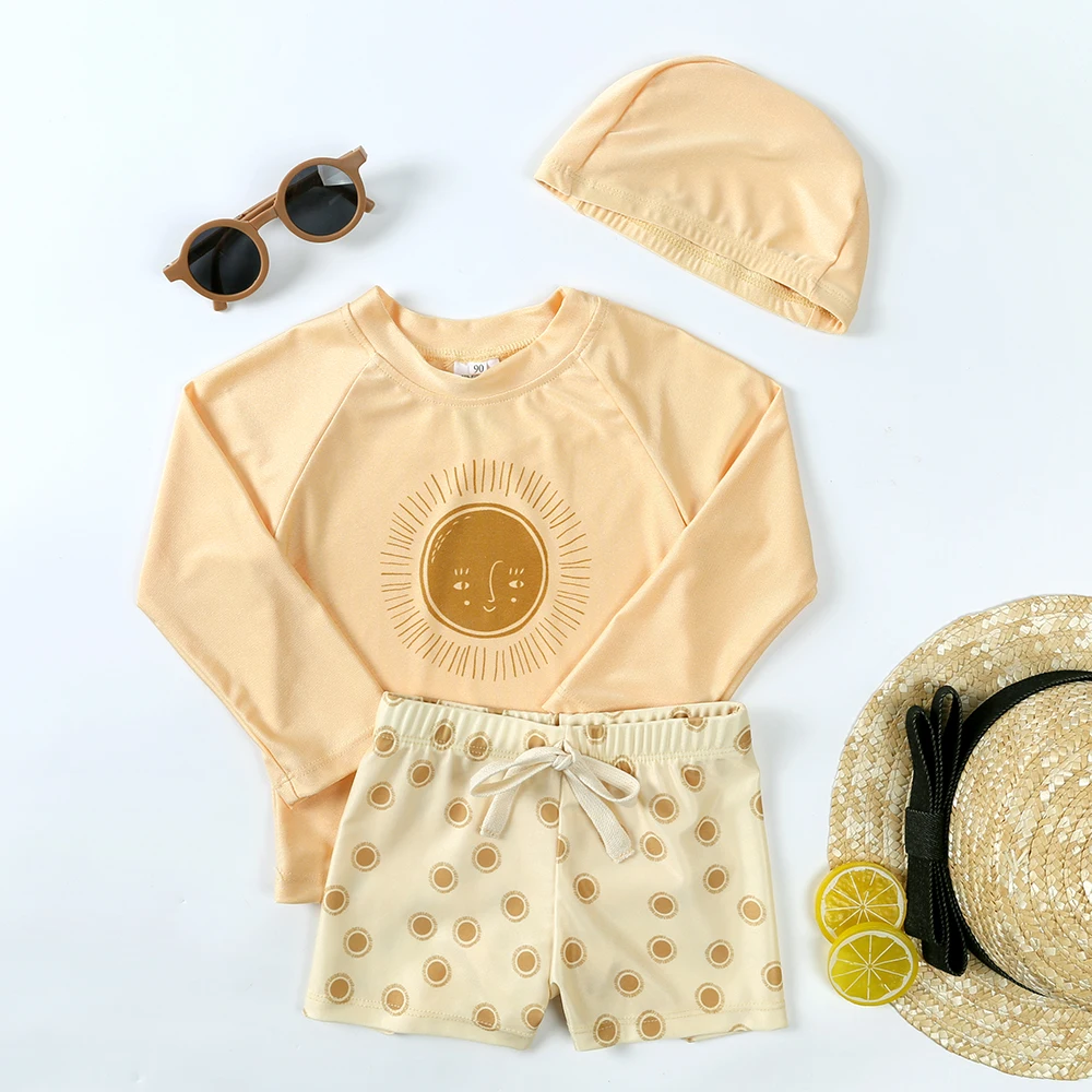 1-7T Summer Kids Boy Swimsuits Vacation Beach Pants Long sleeve Tops with Hat Toddler Sets Fashion Children Surfing Swim Suit 4