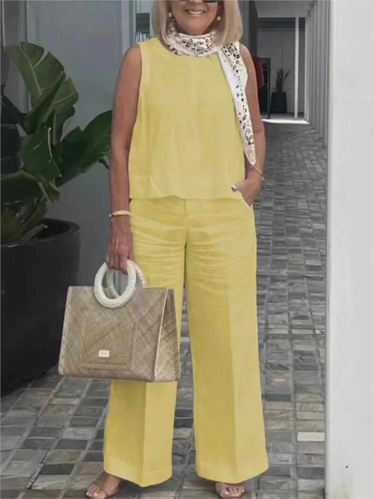 

Casual Cotton Linen Sets Womens 2 Piece 2024 Summer New Sleeveless O-neck Tank Top & Wide Leg Pants Two Piece Set Loose Suit