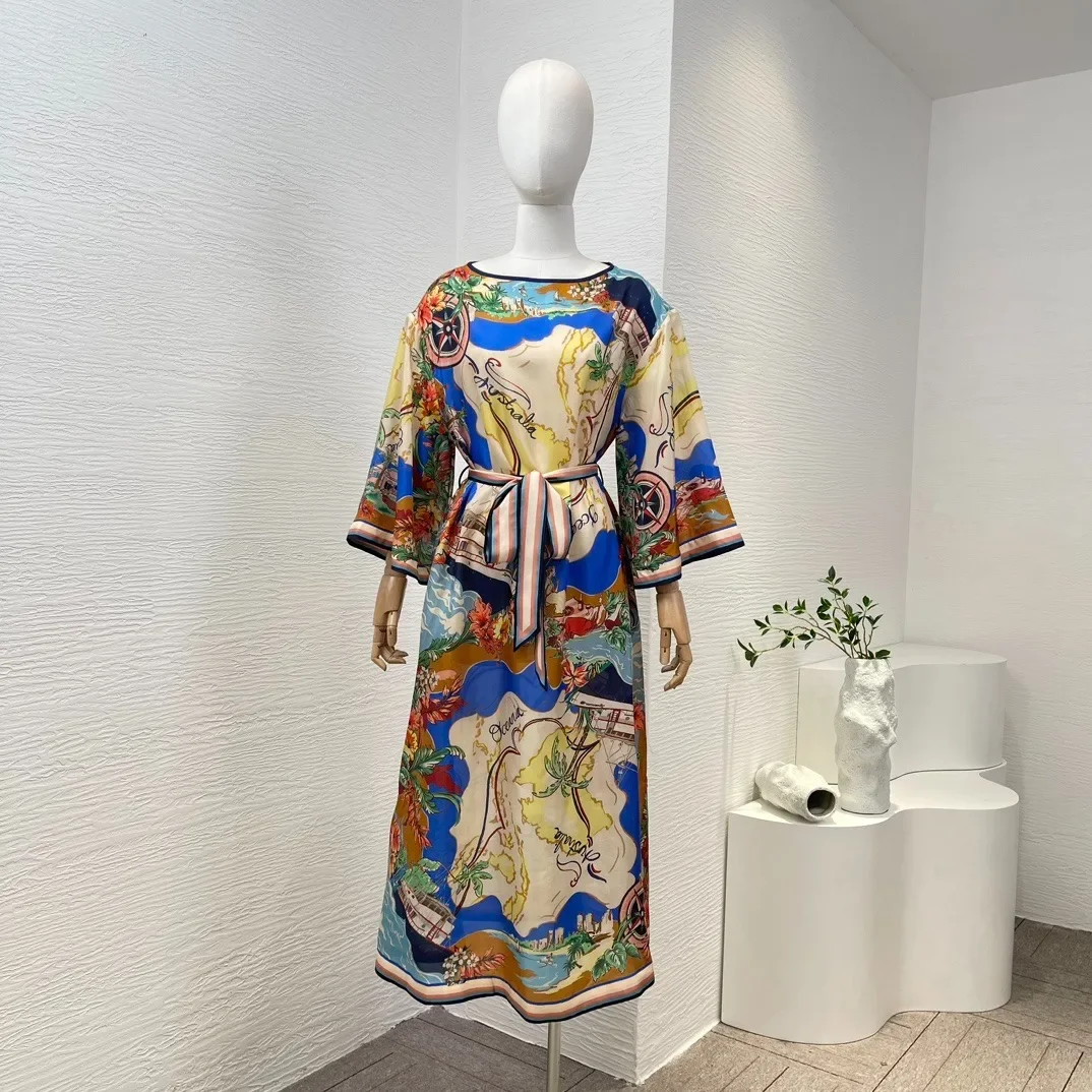 

Top Quality 2024 Spring Collectio Holiday Beach Palm Tree Printing Pure Silk Midi Loose Women Dresses